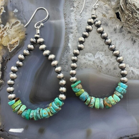 Sterling 4mm Navajo Pearl Southwester Style & 6mm Turquoise Bead Hoop Earrings - Picture 5 of 10